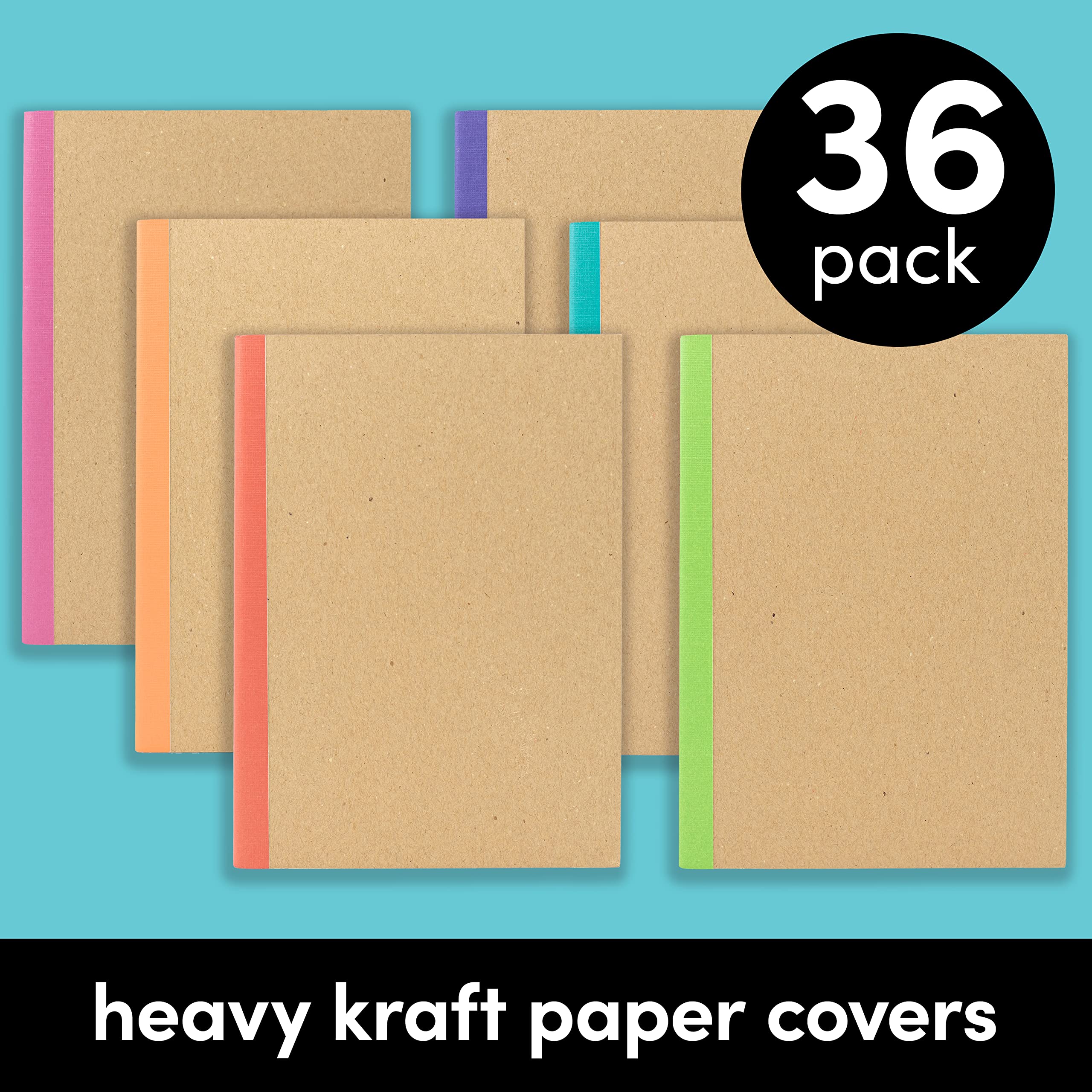 PAPERAGE 36-Pack College Ruled Composition Notebooks - 120 Pages, Kraft Cover with Rainbow Spines, 8