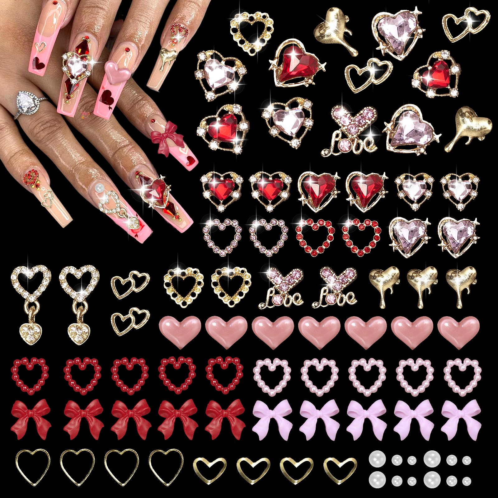 220 Pcs Gold Nail Charms & Bow Heart Acrylic Nail Art Decorations - Love Rhinestones, Pink Red Hearts Bowknot Charms for Nail Design - Y2K Nail Pearls Gems for DIY Nail Art - Perfect for Manicures, Nail Salons & Gift Giving