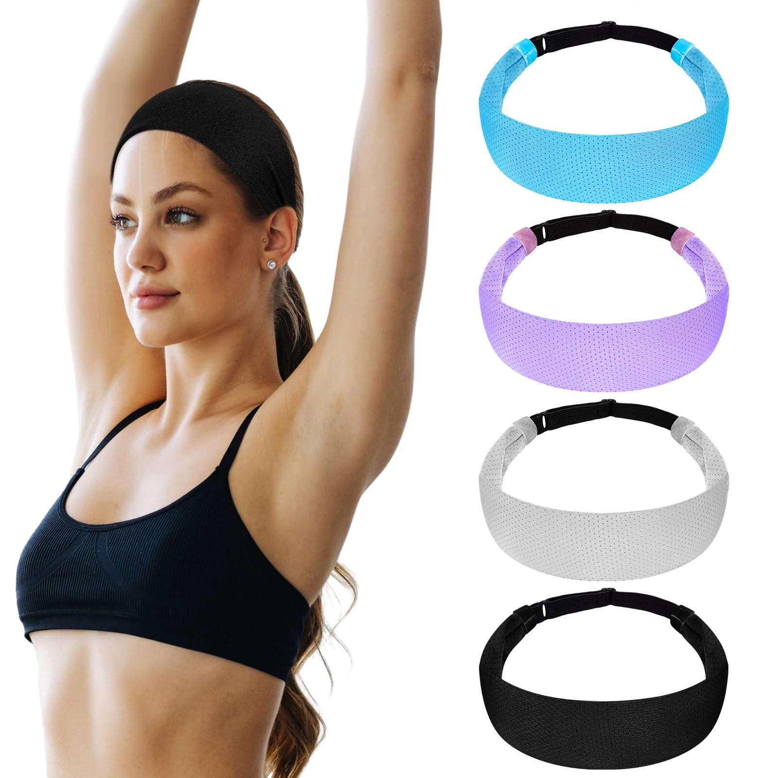 Yunlly 4 Pack Adjustable Sports Headbands for Women - Non-Slip Workout Sweatbands, Breathable Mesh Hair Bands for Running, Yoga, Soccer & Exercise - Perfect for Gym, Fitness & Active Lifestyle
