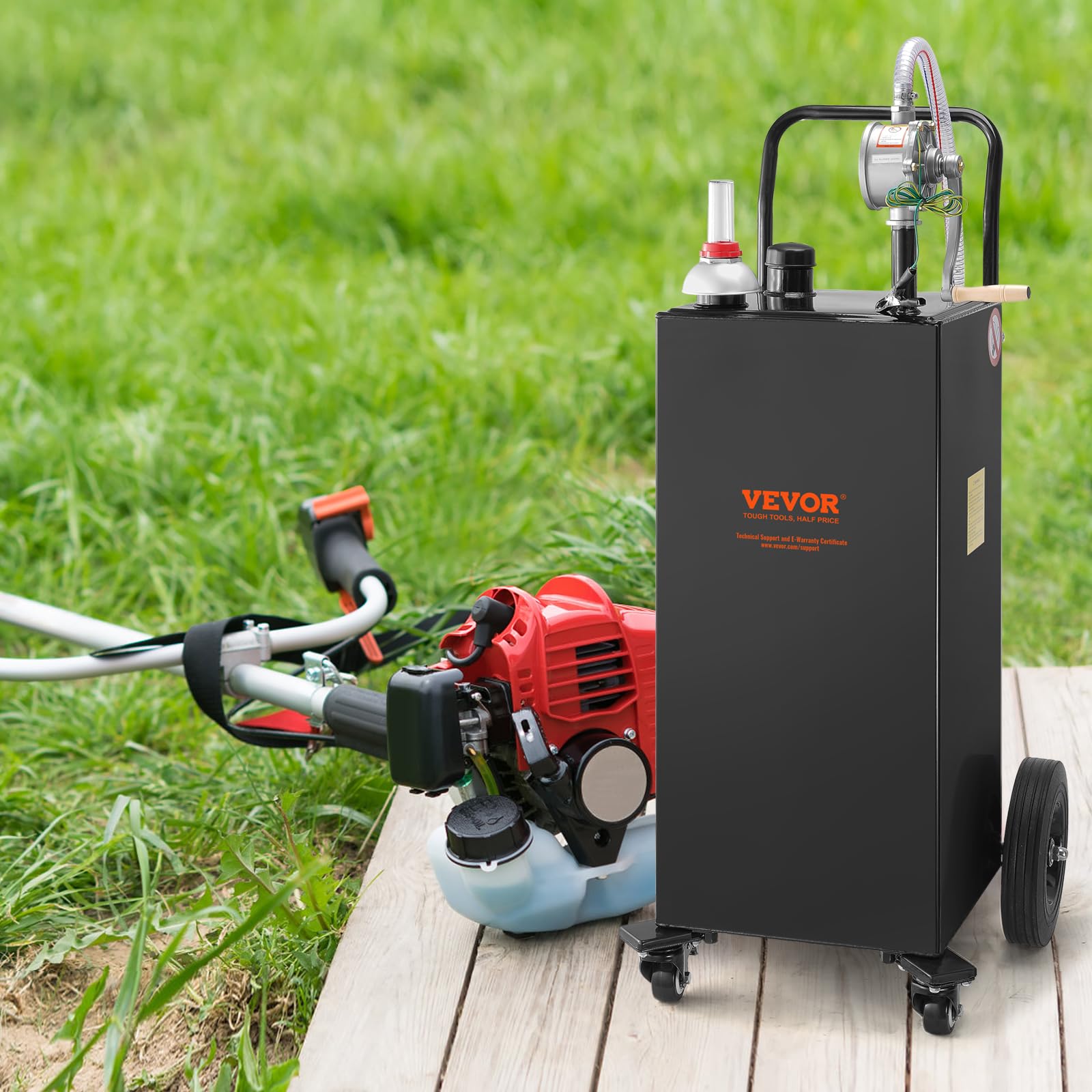 VEVOR 35 Gallon Portable Gas Caddy with Manual Pump - 4-Wheel Fuel Storage Tank for Gasoline & Diesel - Heavy Duty Transport Container for Cars, Lawn Mowers, ATVs, Boats & More - Ideal for Home, Farm & Marine Use