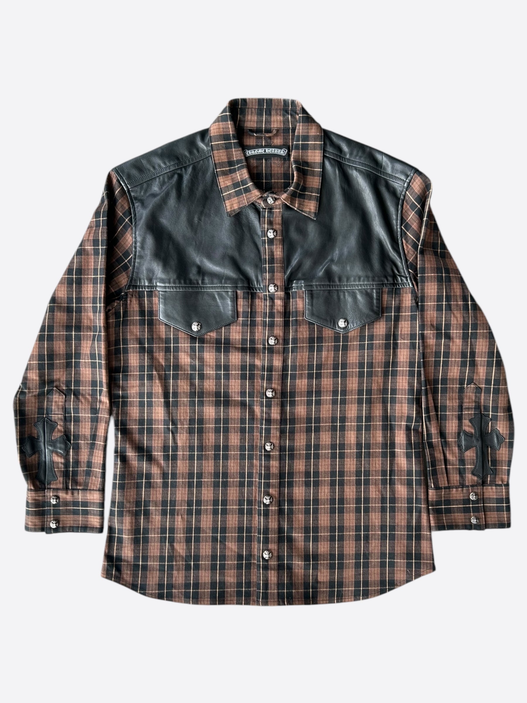 Chrome Hearts Brown & Black Leather Cross Patch Flannel Shirt - Stylish Gothic Fashion for Men & Women - Perfect for Casual Wear, Concerts, and Street Style