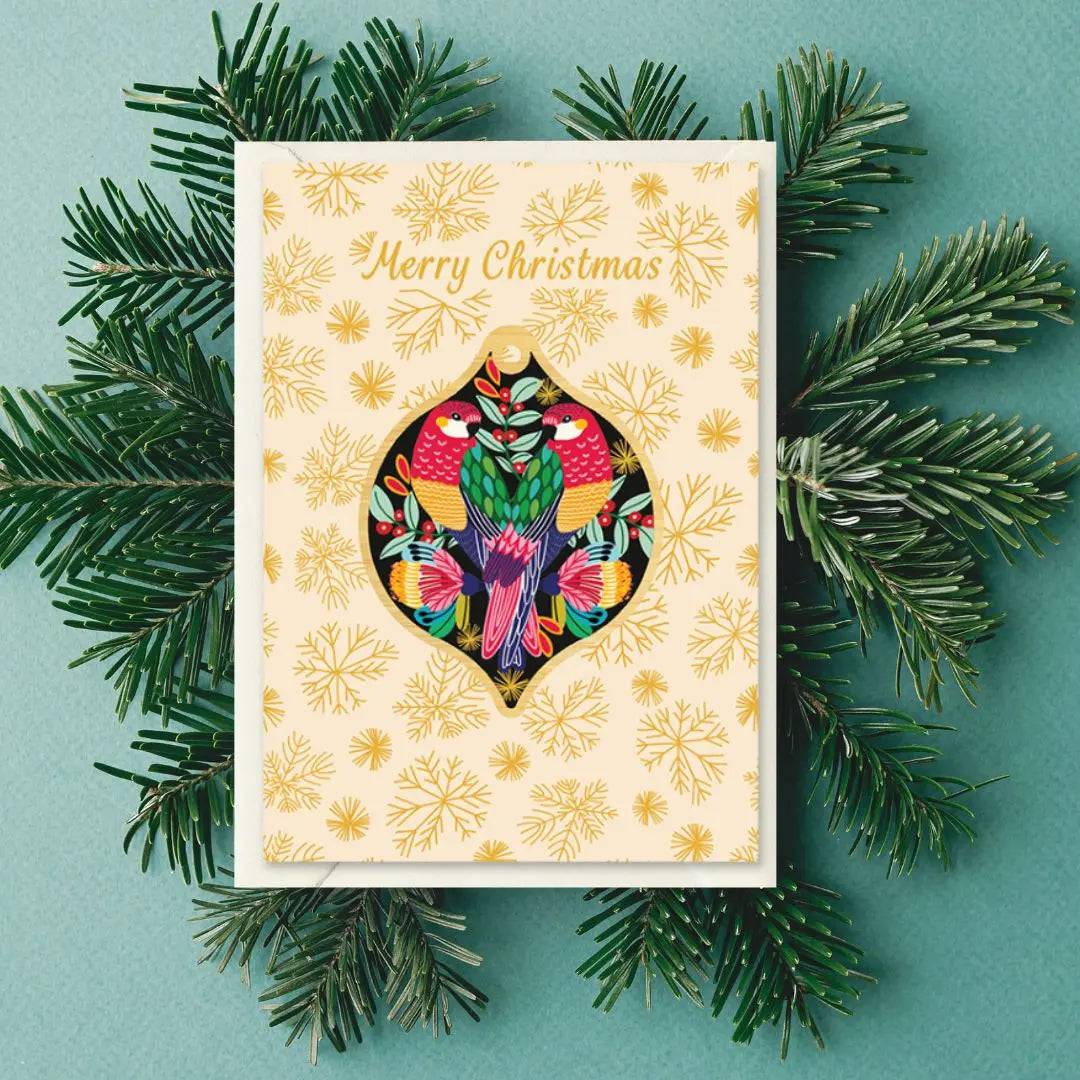 Rosella Birds Christmas Card & Wooden Ornament - Festive Holiday Greeting Card with Handcrafted Wooden Bauble for Christmas Tree Decorations & Gift Giving