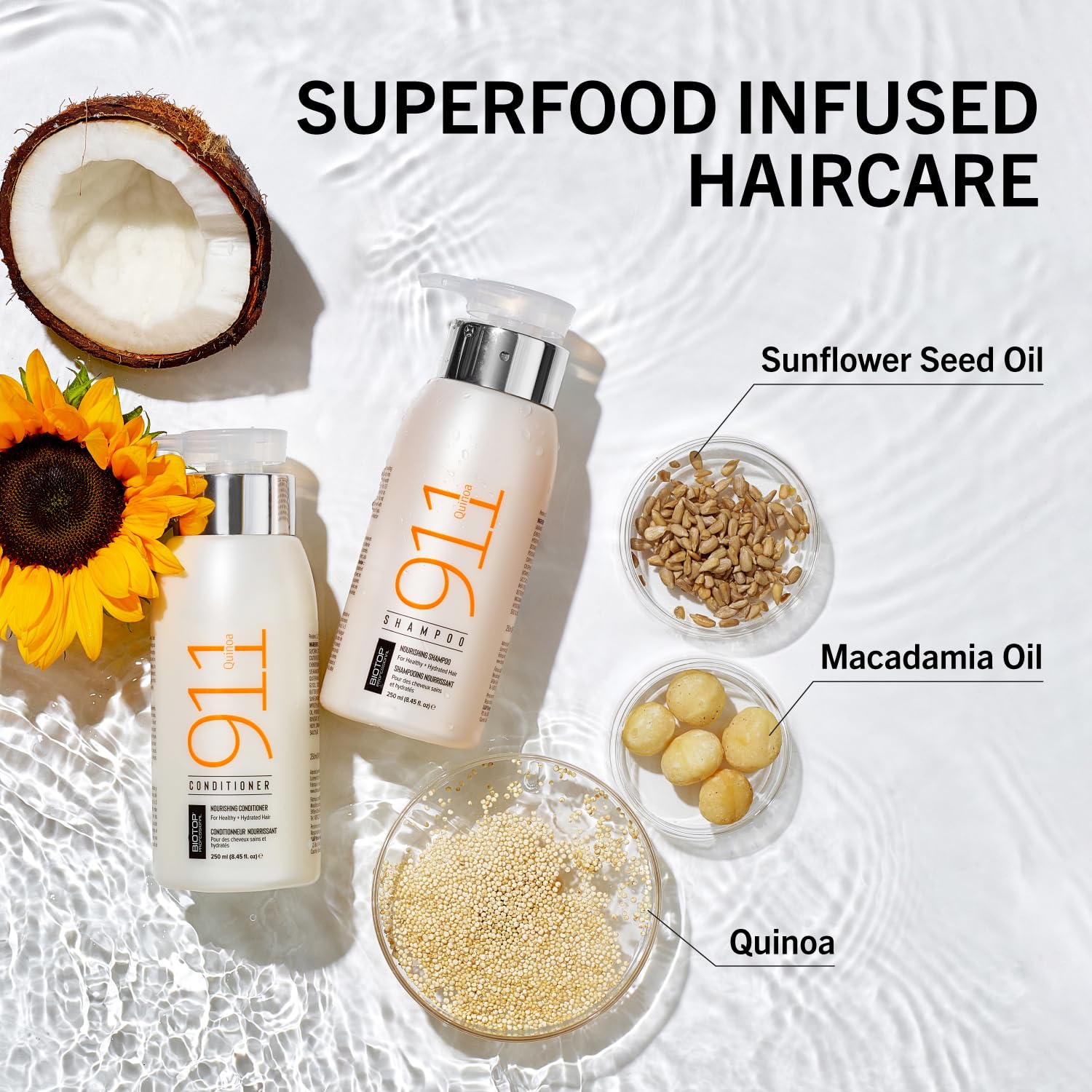 Biotop Professional 911 Quinoa Shampoo for Women & Men - Sulfate Free Hair Care with Argan Oil & Quinoa Protein - Hydrating Shampoo for Dry, Damaged, Frizzy Hair - 8.45 fl oz (250ml) - Perfect for Daily Use & Salon-Quality Results at Home
