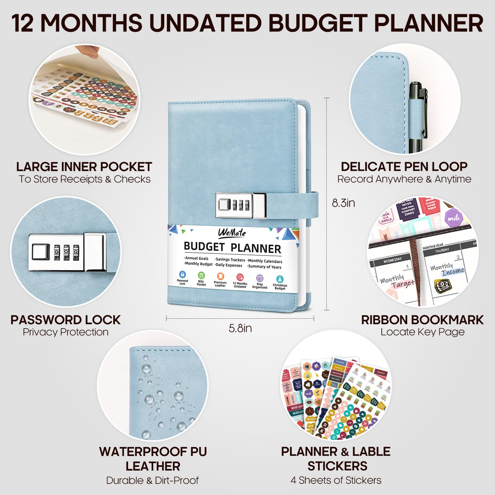 WEMATE 2025 Budget Planner with Lock - Monthly Expense Tracker Notebook & Undated Financial Organizer - A5 Leather Money Management Journal in Blue | Perfect for Personal Finance, Savings Goals & Debt Tracking