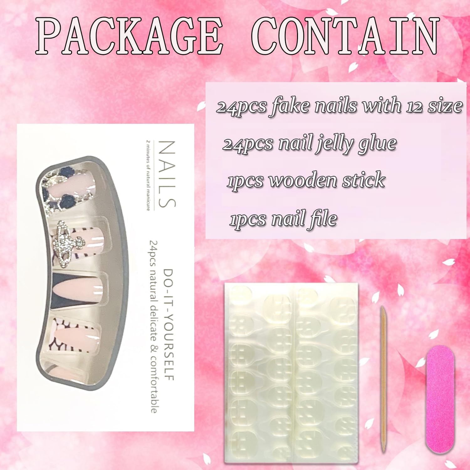 Duck Shaped Press On Nails - Glossy Black French Tip Acrylic False Nails with Floral Gem Charms | Medium Length Full Cover Artificial Nails with Glue | Perfect for Women's Daily Wear, Parties & Special Occasions