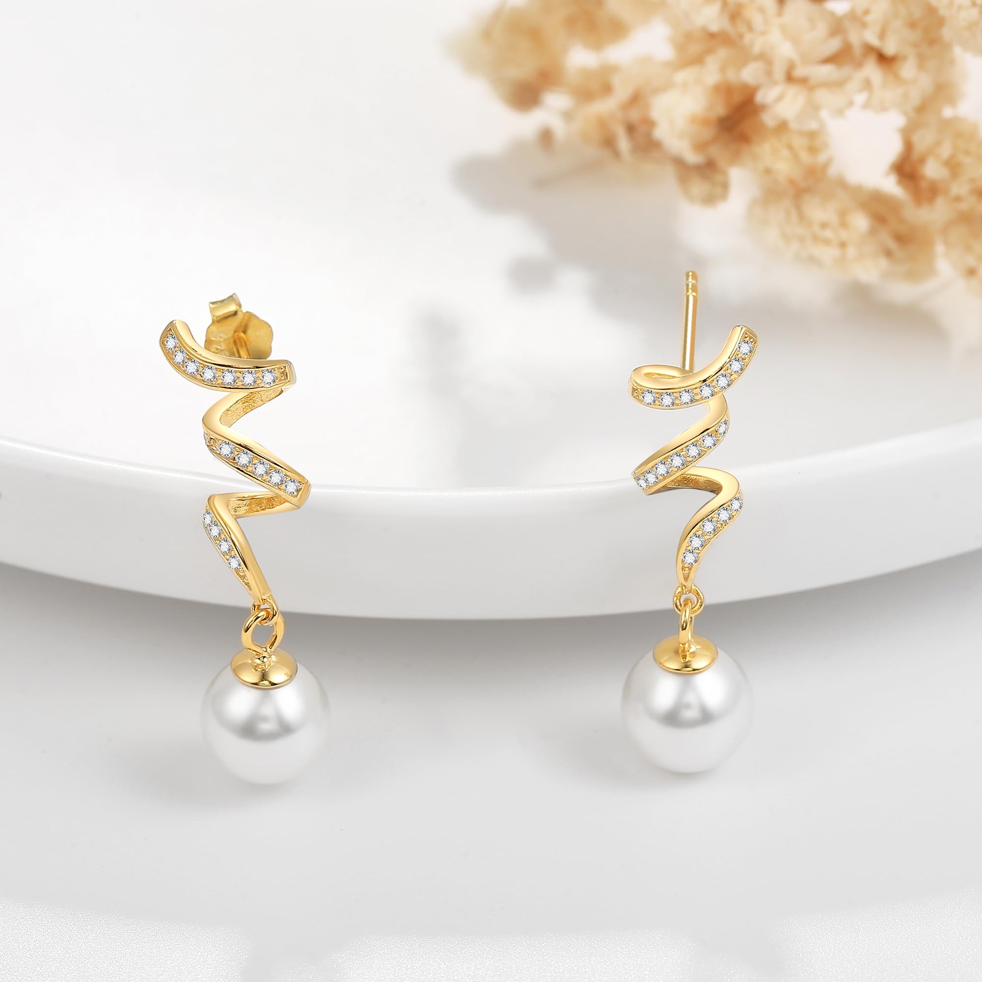 14K Yellow Gold Freshwater Cultured Pearl Drop Earrings for Women - 8MM Round Pearl Dangle Earrings with Twist Design | Perfect for Weddings, Parties & Special Occasions