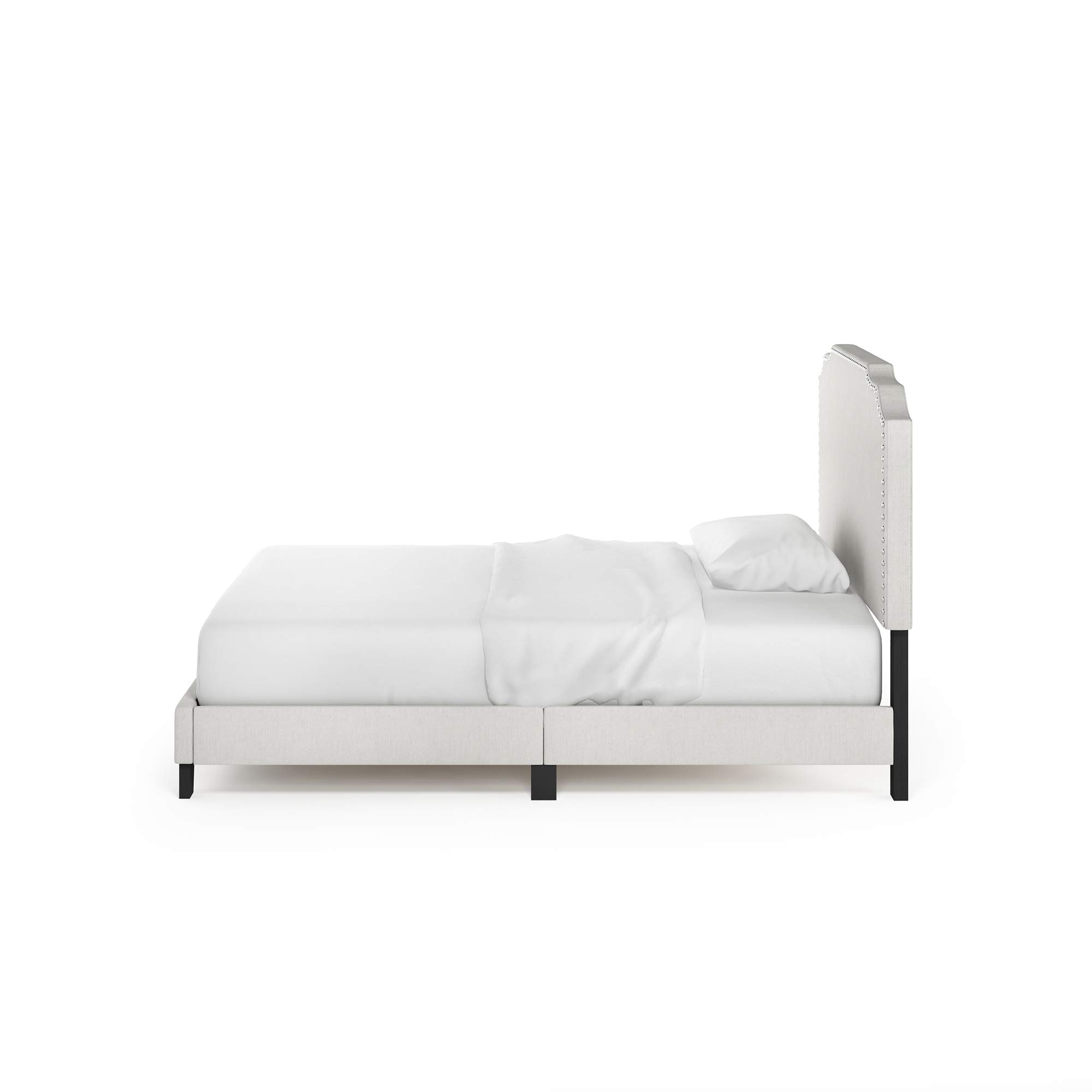 Furinno Nadia Nailhead Trim Full Size Bed Frame in Gray - Modern Upholstered Platform Bed with Wooden Slats Support - Perfect for Guest Rooms, Dormitories & Small Bedrooms