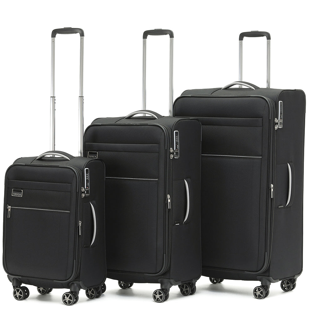 Tosca VEGA 3-Piece Luggage Set (Large, Medium, Small) - Black Suitcases for Travel, Business Trips & Vacations