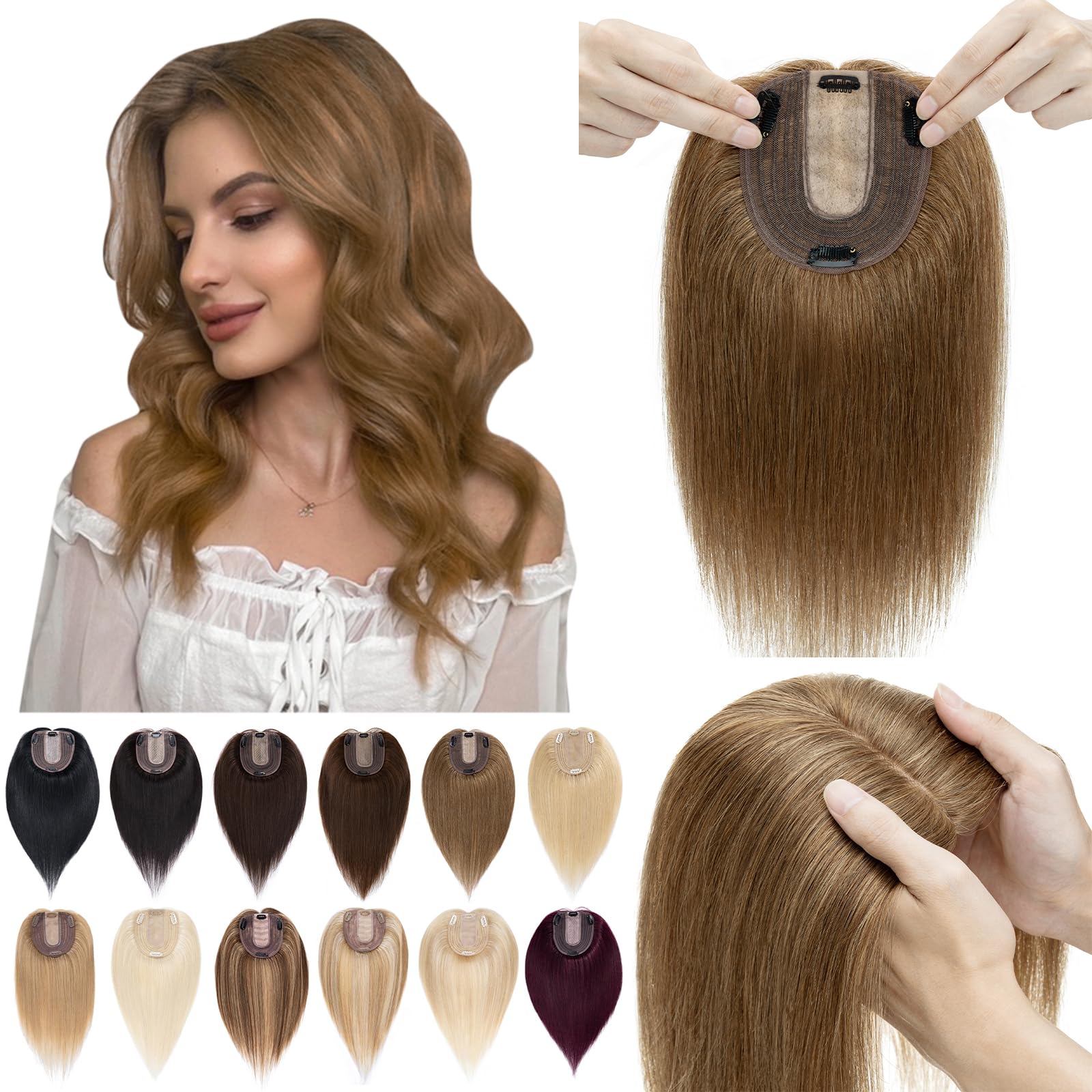 SEGO 10x12cm Silk Base Human Hair Toppers for Women - 130% Density No Bangs Clip-in Top Wiglet - 100% Remy Human Hair Pieces for Thinning Hair (16 Inch, Light Brown) - Perfect for Daily Wear, Special Occasions & Hair Loss Solutions