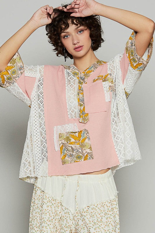 Boho Vintage Lace Patchwork Printed Half Button Up Blouse - Beachy Washed Cotton Top for Women, Summer Casual Outfit, Festival & Vacation Wear