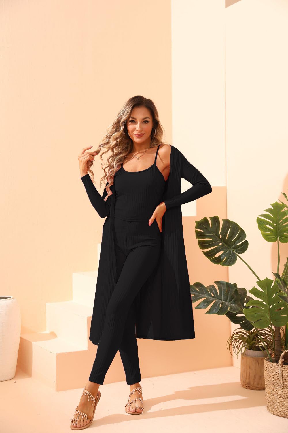 BDAILKA Women's 3-Piece Lounge Set - Soft Tank Top & Cardigan Outfit for Casual Wear, Home Relaxation, and Going Out - Comfortable Loungewear Set XJ001