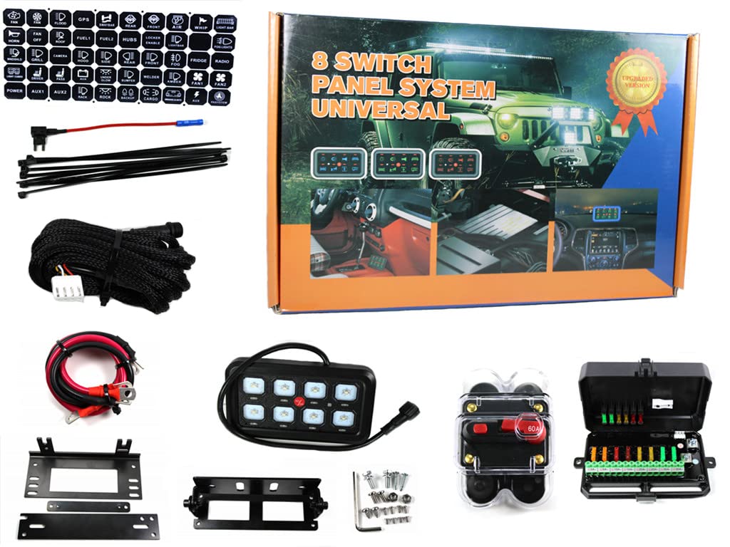 8 Gang Universal Switch Panel GA80 - Circuit Control Relay for Car, Truck, Pickup, Boat & UTV - Dimmable LED Touch Control Panel with Automatic On/Off Function (Green System) - Perfect for Off-Roading, Marine & RV Electrical Systems