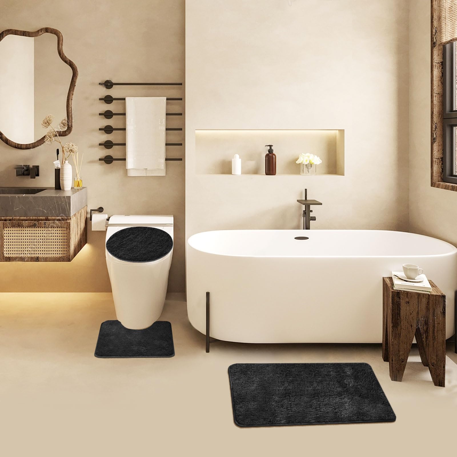 Premium 3-Piece Anti-Slip Bathroom Rug Set - Soft Rectangular Floor Mat, U-Shaped Toilet Mat & Toilet Lid Cover (Black) | Non-Slip Bath Mats for Bathroom Safety & Comfort | Perfect for Modern Bathrooms, Guest Baths & Home Decor