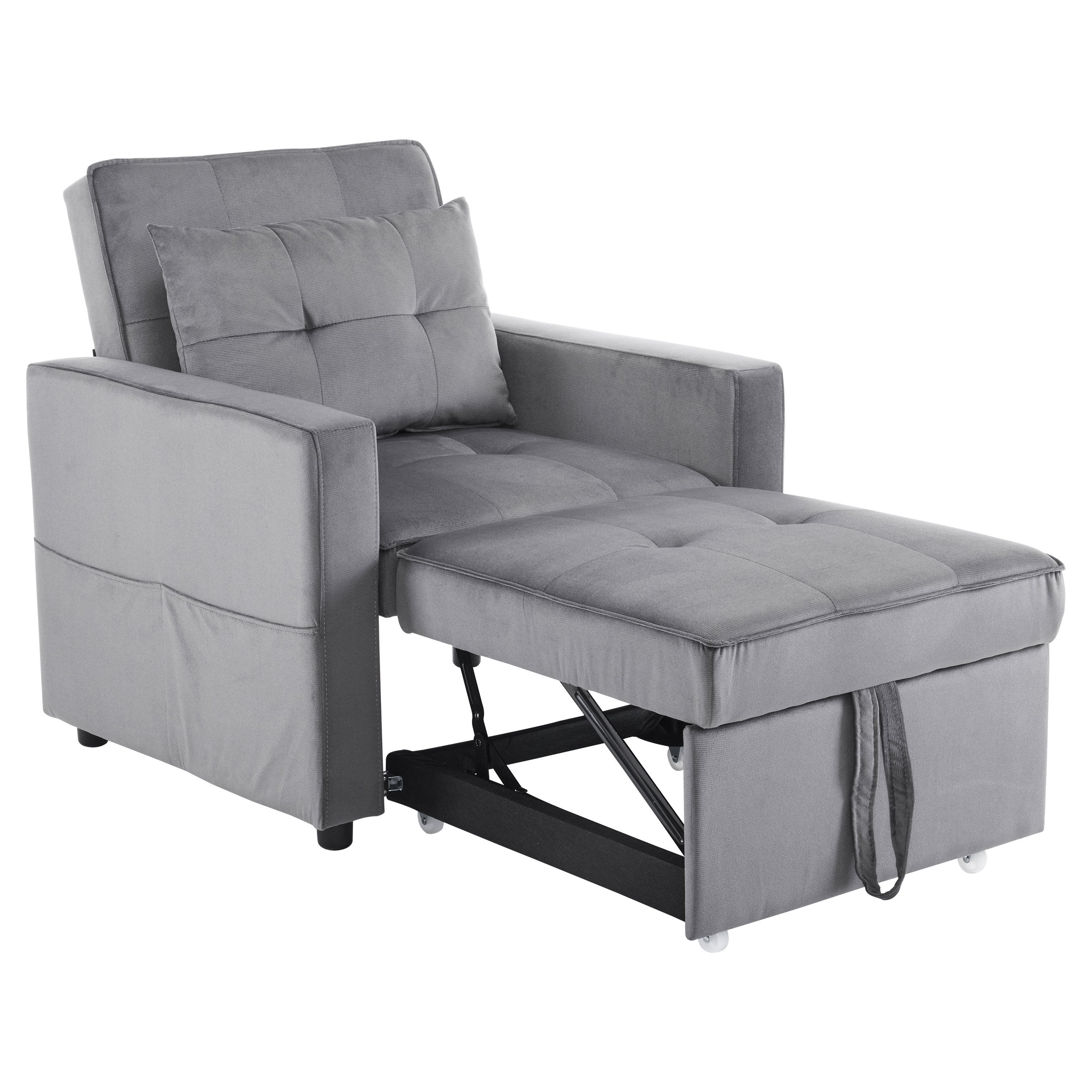 3-in-1 Convertible Sleeper Sofa Bed Chair with Pillow & Pocket - Modern Velvet Fabric Multi-Functional Furniture for Living Room, Bedroom, Study & Small Apartments (Gray) | Perfect for Guest Sleeping, Lounging & Space Saving Solutions