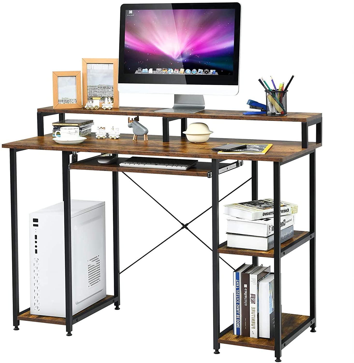Giantex Computer Desk with Storage Shelves & Monitor Stand - Home Office Writing Desk with Keyboard Tray, Classic Style Laptop Table for Bedroom, Living Room, Study - Easy Assembly Workspace Solution for Remote Work & Online Learning