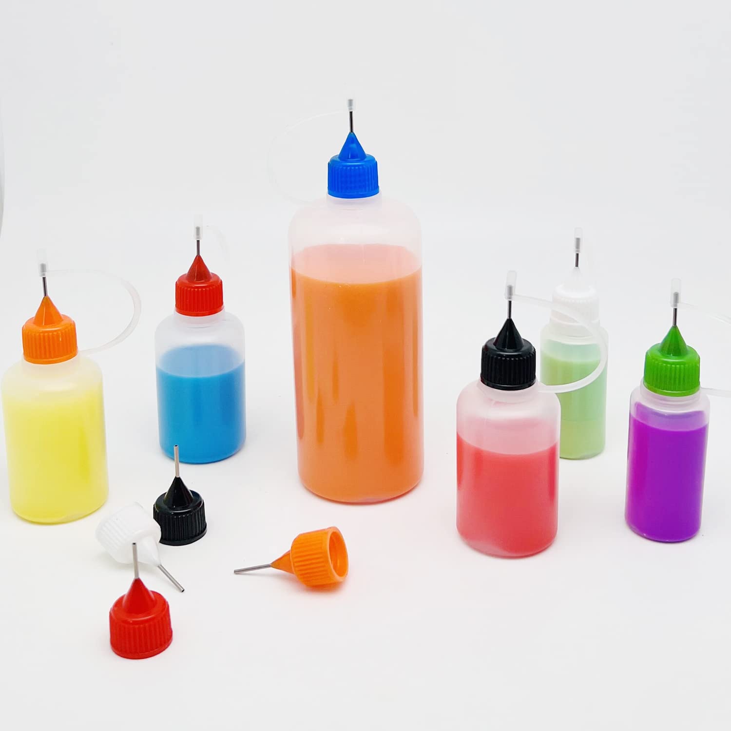 12 Pack 1oz Precision Tip Glue Bottles with 2 Mini Funnels & Multi-Color Lids - Translucent Applicator Bottles for Crafts, DIY Projects, and Small Liquid Dispensing