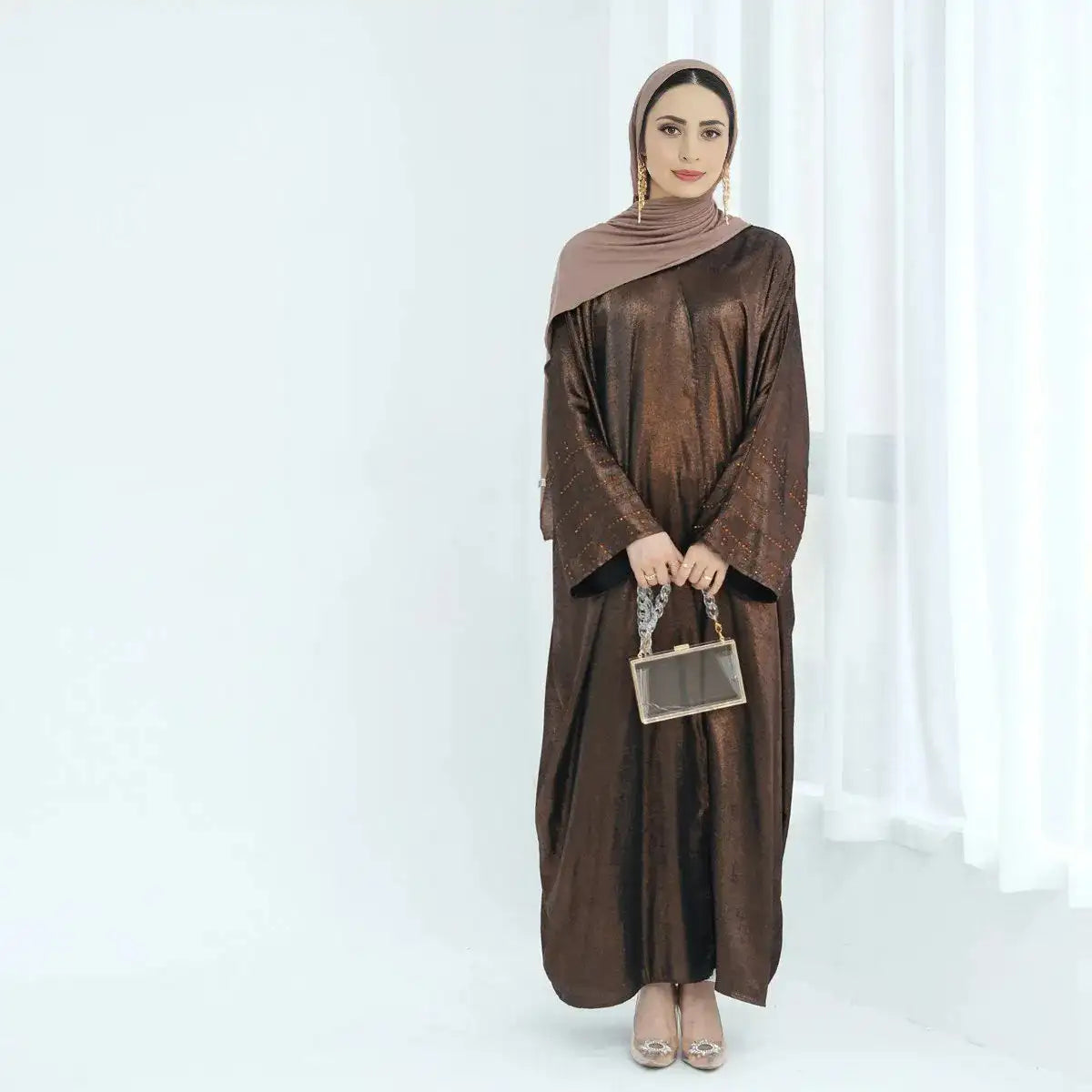 Shiny Beaded Cardigan Open Abaya Dress - Elegant Muslim Women's Cover-Up for Weddings, Parties & Special Occasions