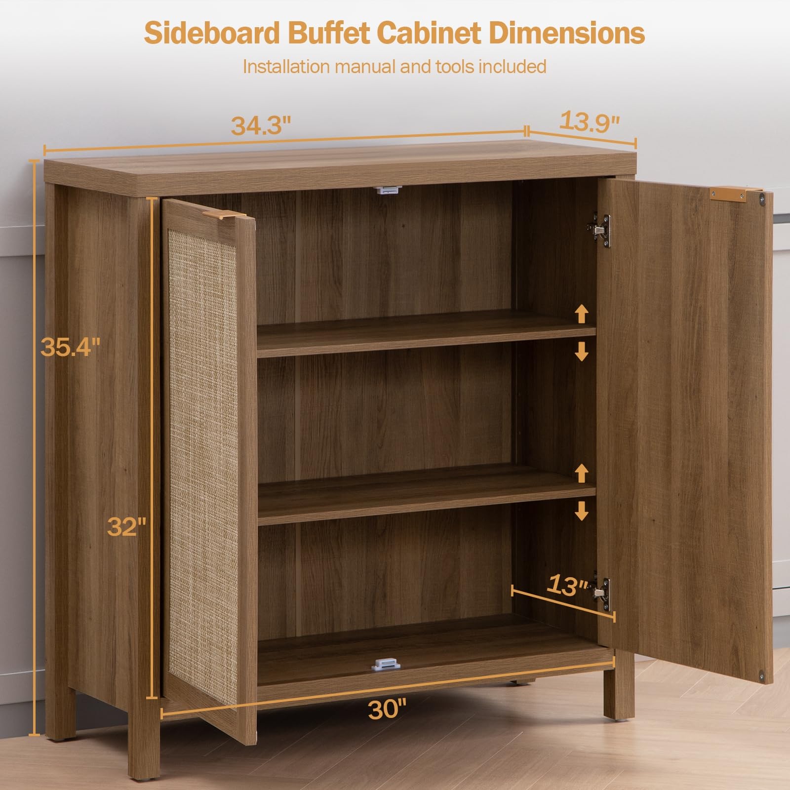 SICOTAS 2-Piece Rattan Sideboard Buffet Cabinet - Farmhouse Kitchen Storage, Coffee Bar Console Table - Boho Accent Furniture for Entryway, Living Room - Oak Wood Finish | Perfect for Home Decor, Dining Room Storage & Entertainment Areas