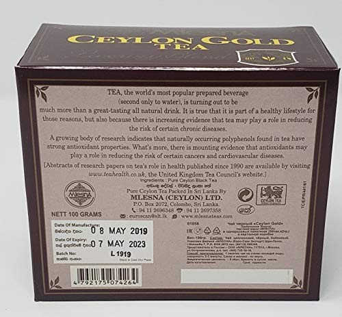 Premium Mlesna Pure Ceylon Gold Black Tea Bags - 100g (50 Bags) - Rich & Robust Flavor Similar to English Breakfast Tea - Perfect for Morning Boost, Afternoon Relaxation & Office Use - by Shah Company