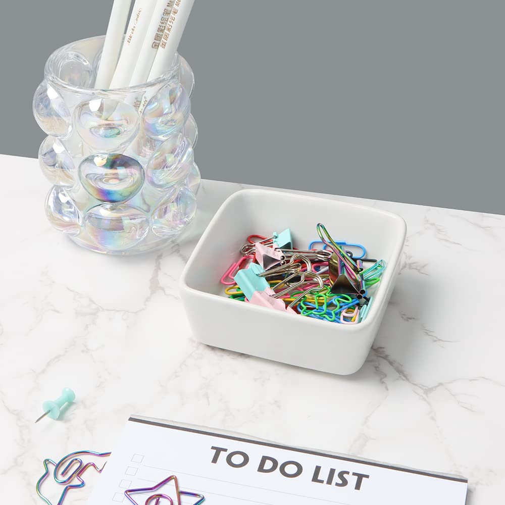 **Cute White Ceramic Paper Clip Holder - 3.5 Inch Square Desk Organizer for Binder Clips & Paperclips - Candy Color Office Supplies for Home & Office Use**