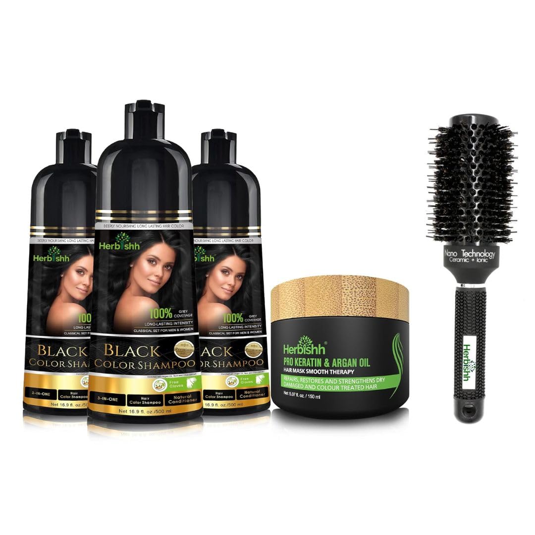 Herbishh Black Hair Color Shampoo Set - 3 Bottles + Hair Mask + Hair Brush for Dark Hair Care | At-Home Hair Coloring & Styling Kit for Women & Men
