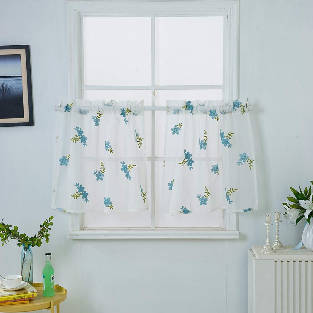 BOYOUTH Blue Flower Green Leaf Embroidery White Sheer Voile Short Curtains with Rod Pocket - 29x36 Inch Window Drapes for Kitchen, Cafe, Bedroom - Light Filtering Semi-Transparent Panels for Privacy & Decoration (Set of 2)