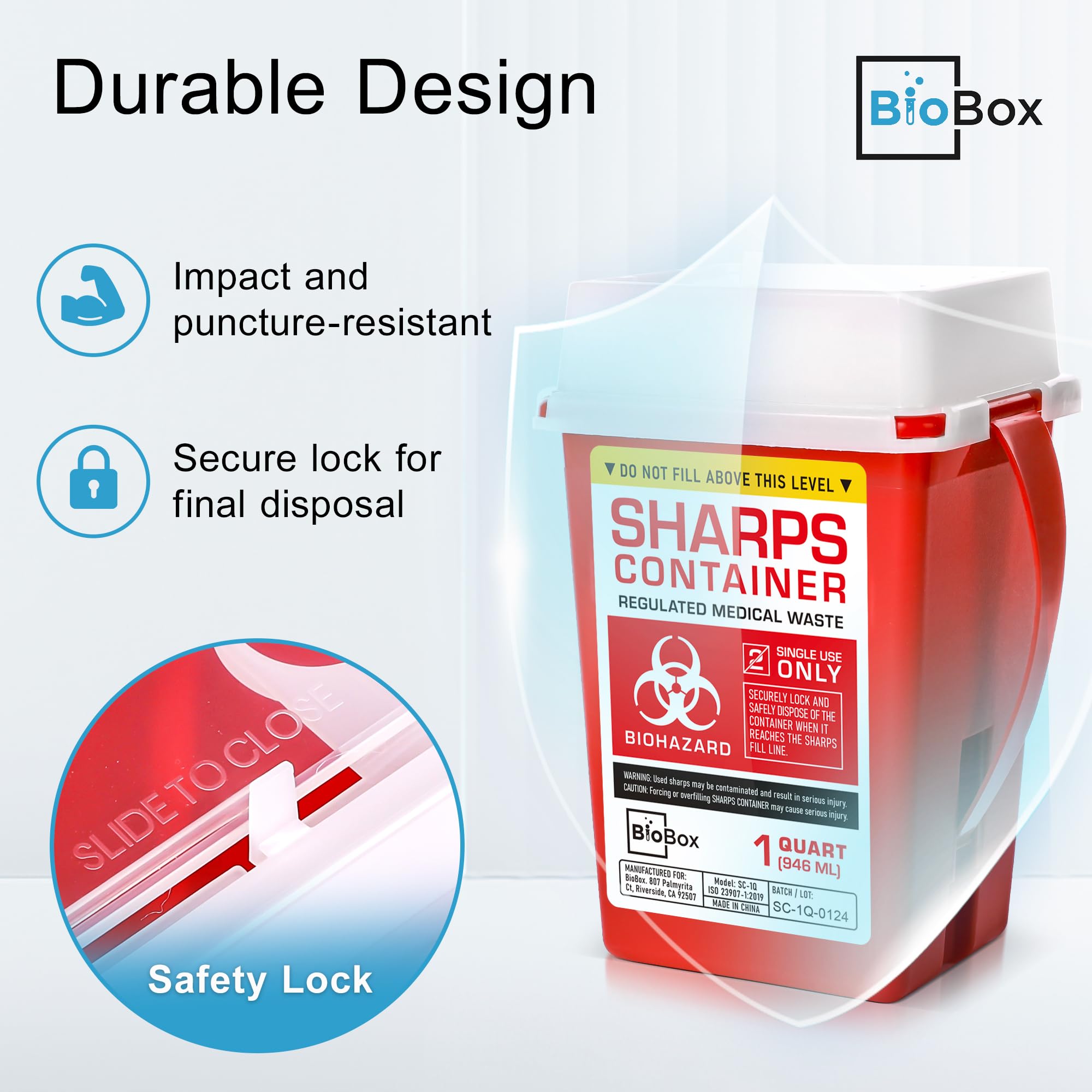 Small Sharps Container - 1 Quart Portable Needle Disposal Bin for Home Use, Labs & Travel | Biohazard Waste Disposal Solution | Ideal for Diabetic Supplies, Medical Waste & Tattoo Parlors