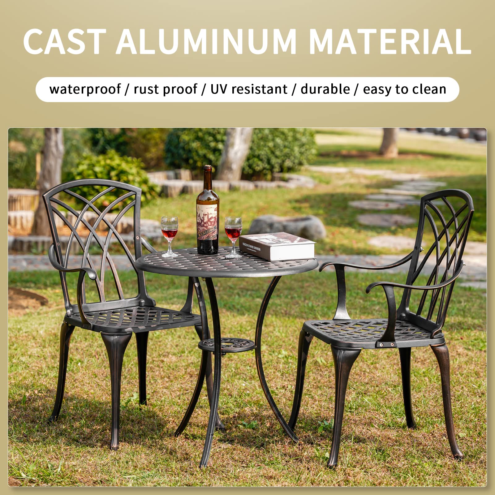 3-Piece Outdoor Bistro Set with Umbrella Hole - Rust-Resistant Patio Table & Chairs for Porch, Balcony or Garden - Perfect for Morning Coffee, Afternoon Tea and Outdoor Dining