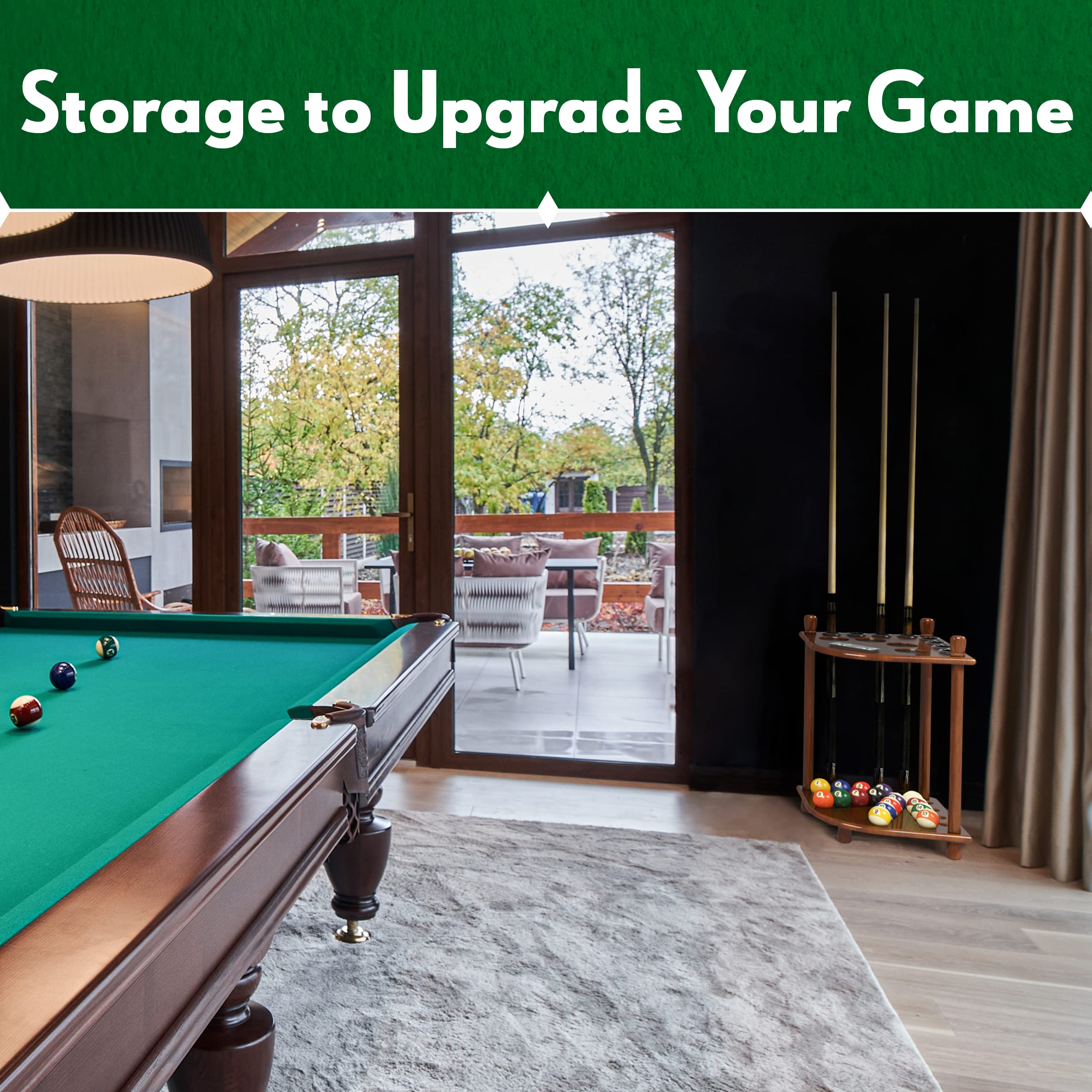 ISZY Billiards Pool Stick Holder - 8 Cue Rack with Ball Storage & 4 Score Counters - Solid Mahogany Wood Stand for Home Game Rooms, Bars, and Pool Halls