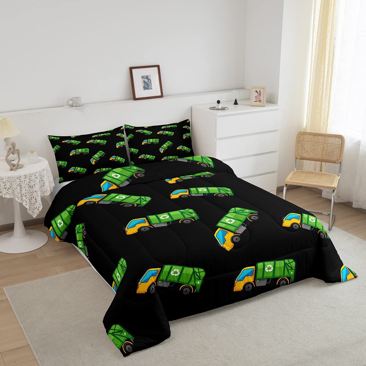 **Castle Fairy Garbage Truck Toy Comforter Set - Twin Size Kids Bedding with Pillowcase, Down Alternative Duvet Cover | Waste Management & Recycling Themed Cartoon Design | Perfect for Birthday Gifts, Kids' Room Decor, and Playtime Comfort**