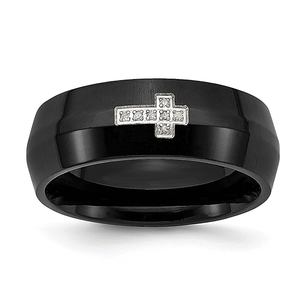 ICE CARATS Stainless Steel Black Plated 2-Point Diamond Cross Religious 8mm Wedding Band Ring for Men - Durable Fashion Jewelry Gift for Dad, Husband & Boyfriend - Perfect for Weddings, Anniversaries & Religious Ceremonies