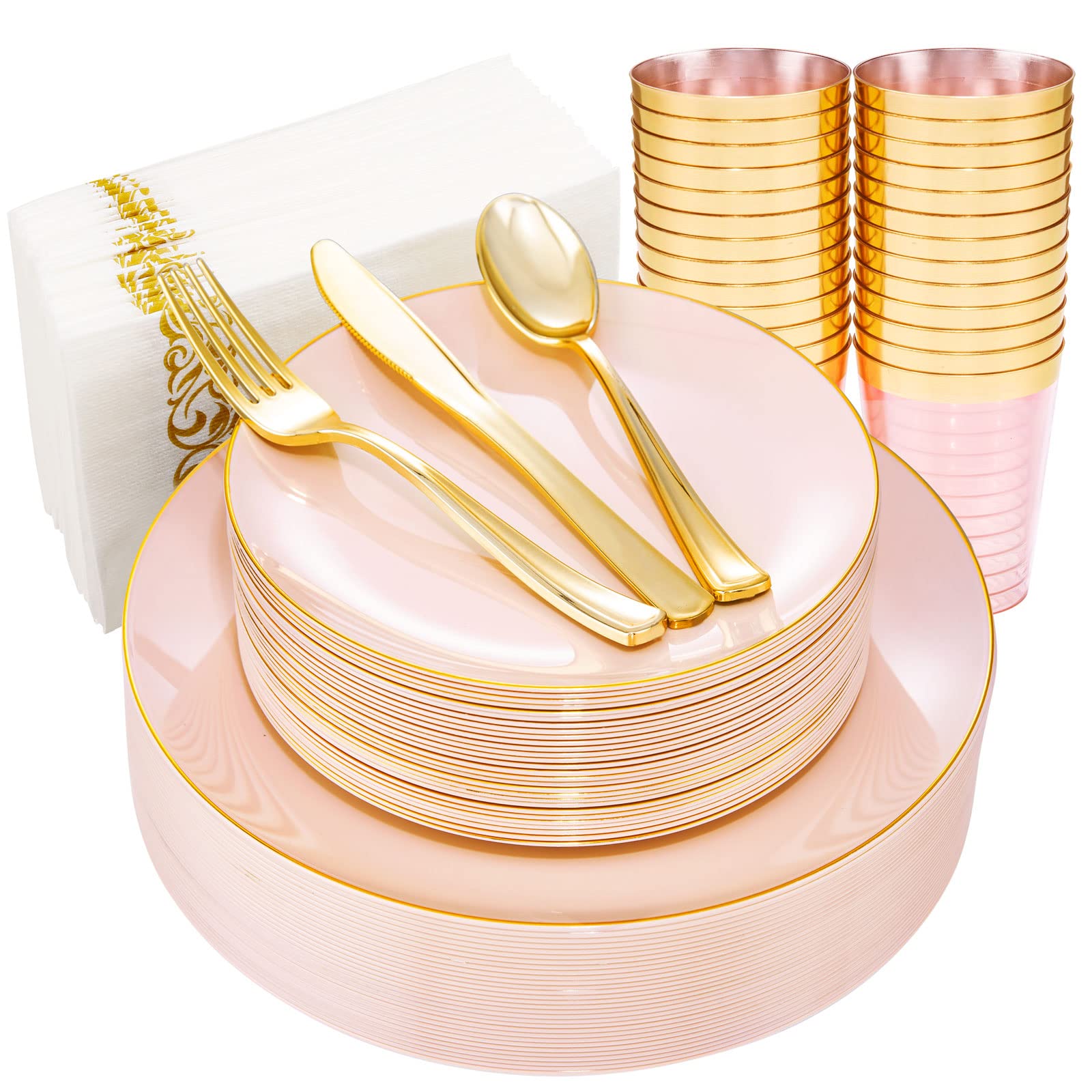 210-Piece Pink Plastic Dinnerware Set with Gold Silverware - Includes 30 Dinner Plates, 30 Dessert Plates, 90 Gold Cutlery, 30 Gold Cups & 30 Napkins - Elegant Pink & Gold Tableware for Mother's Day, Bridal Showers & Birthday Parties
