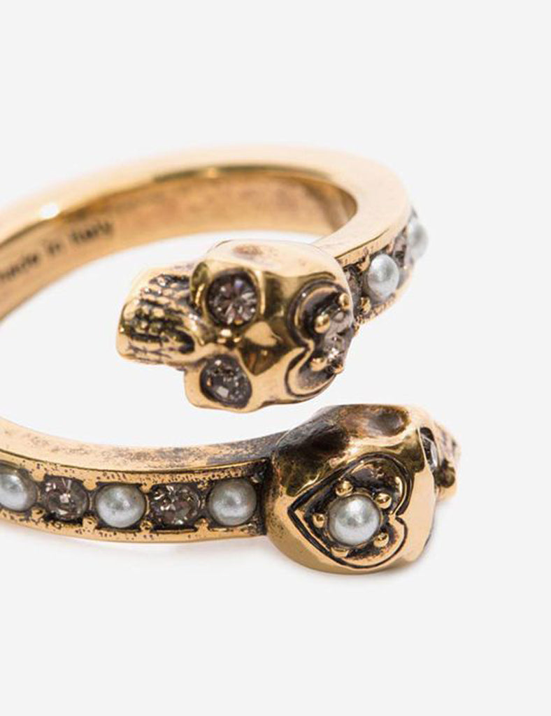 Stylish Gold Twin Skull Pearl Band Ring for Women & Men | Gothic Jewelry for Halloween, Parties & Everyday Fashion