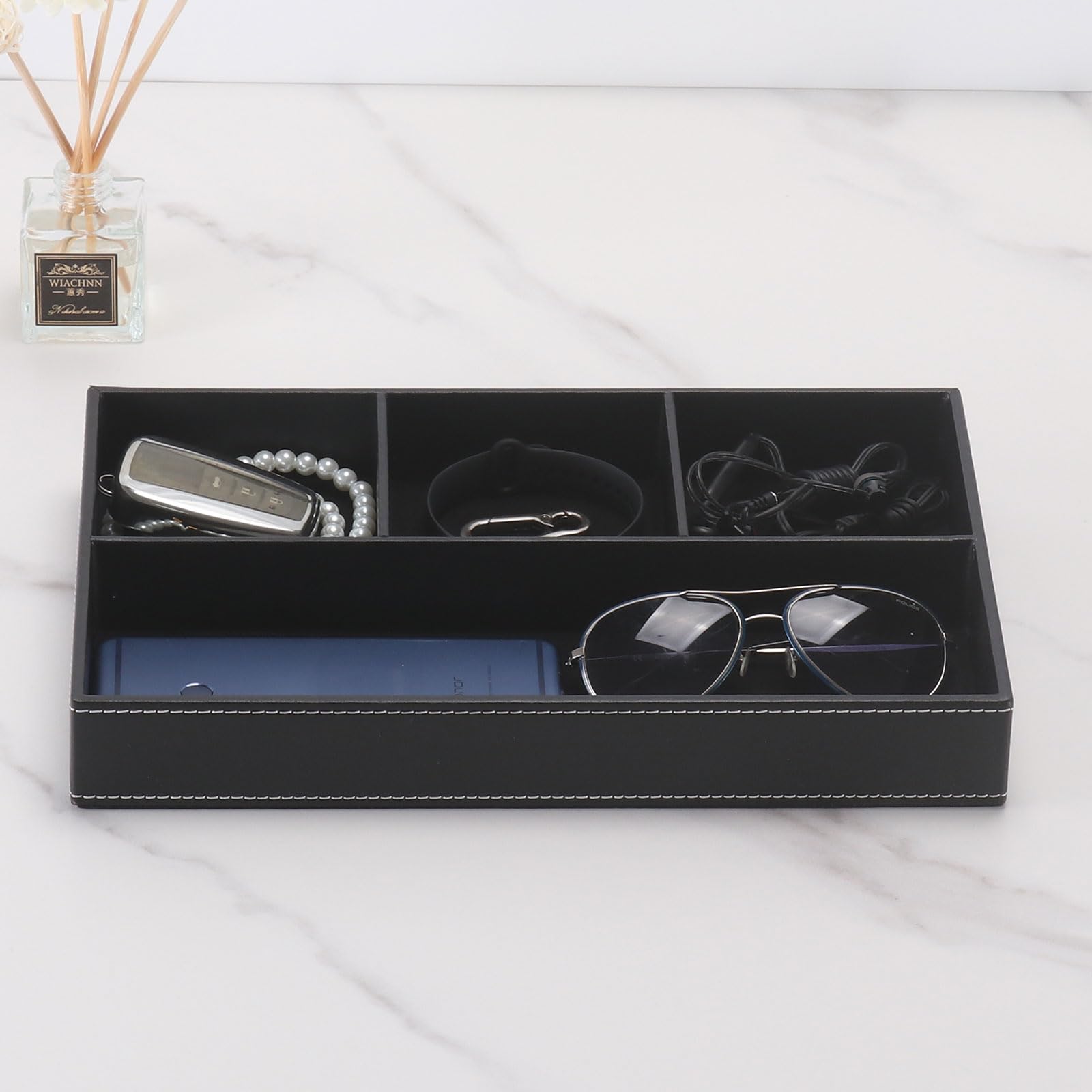 Premium PU Leather Desktop Storage Organizer - Nightstand & Dresser Organizer with Valet Tray | Decorative Drawer Trays for Jewelry, Watches & Office Supplies | Perfect for Bedroom, Bathroom & Workspace Organization