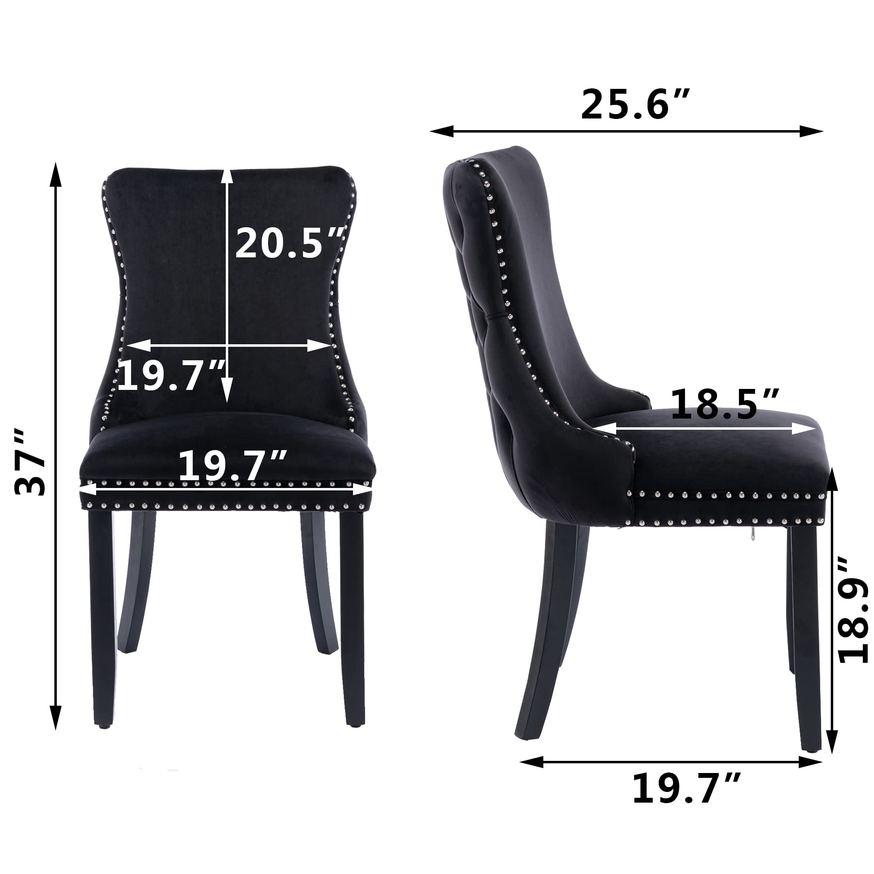 Velvet Upholstered Dining Chairs Set of 2 - Wingback Kitchen Accent Chairs with Solid Wood Legs, Nailhead Trim & Button Tufted Back - Stylish Luxury Elegant Black Dining Room Chairs for Home Decor & Entertaining