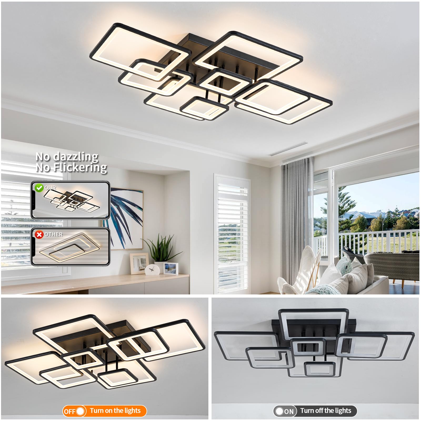Modern Dimmable LED Ceiling Light with Remote Control - Black Flush Mount Chandelier, Acrylic Ring Fixture for Living Room, Dining Room, Bedroom - Energy Efficient Lighting Solution for Home Decor (8H-FANG-BL-04) | Perfect for Modern Interiors, Apartments and Office Spaces