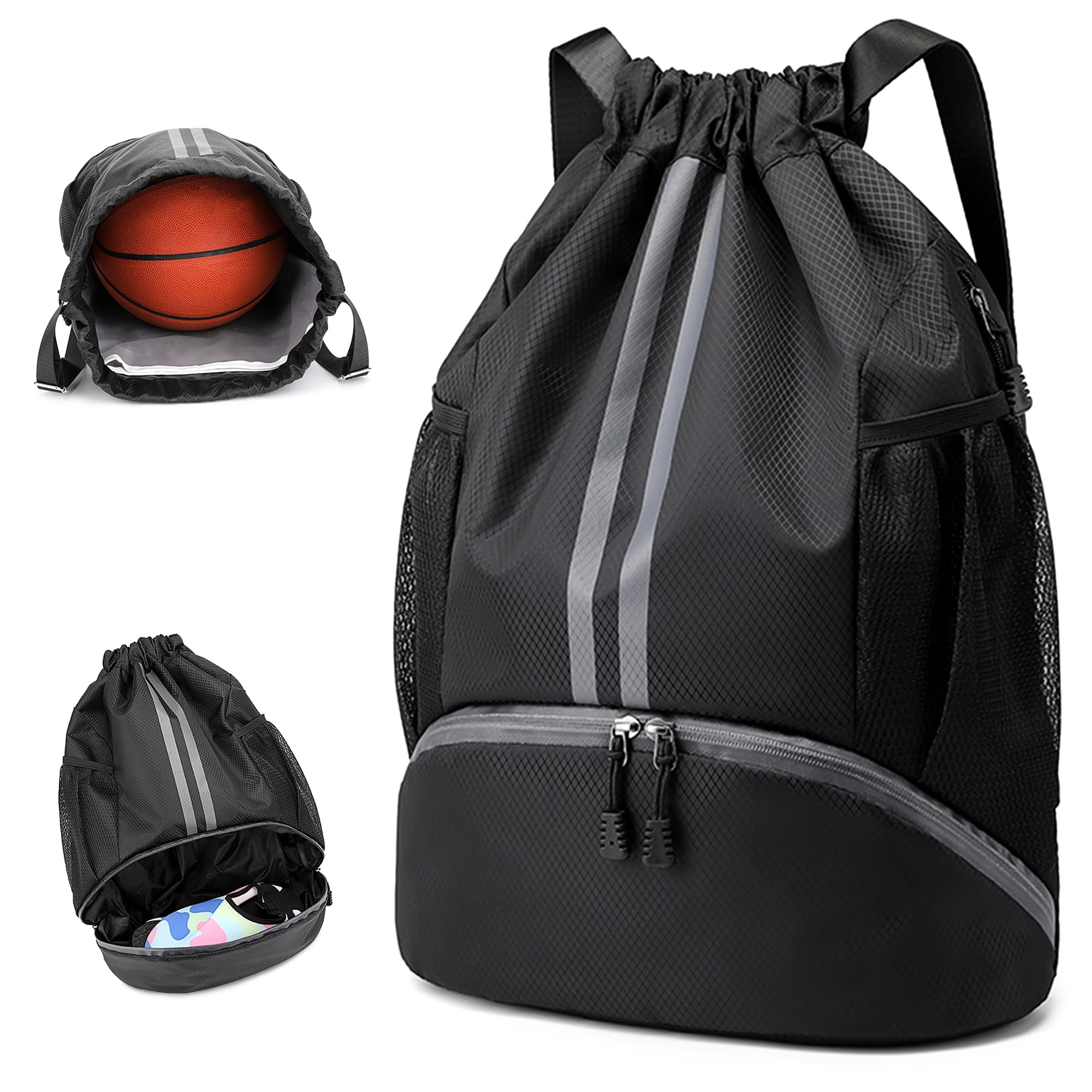 **Waterproof Drawstring Backpack with Zipper, Shoe Compartment & Wet Pocket - Lightweight Gym Sack for Men & Women - Perfect for Travel, Soccer, Swimming & Workout (Black)**