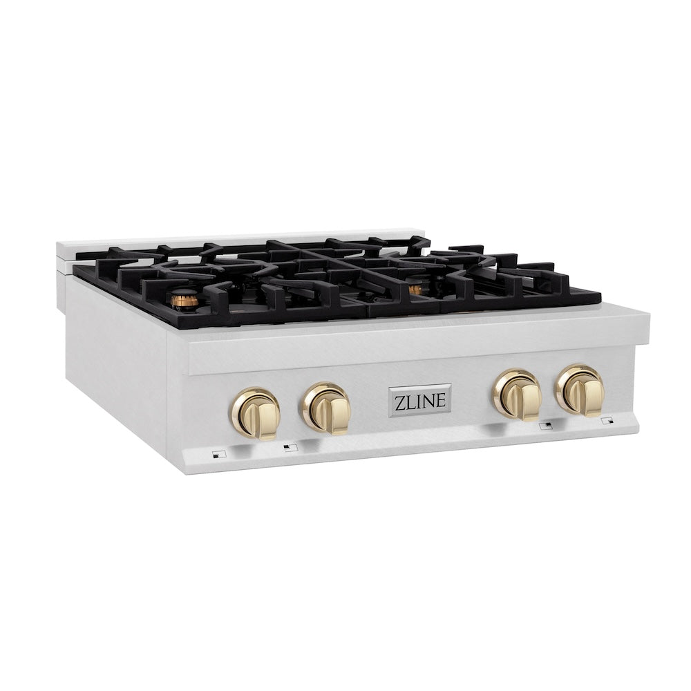 ZLINE Autograph Edition 30-Inch 4-Burner Gas Rangetop with Porcelain Cooktop - Satin Stainless Steel & Polished Gold Accents (RTSZ 30 G) | Professional Kitchen Stove for Home Chefs & Cooking Enthusiasts