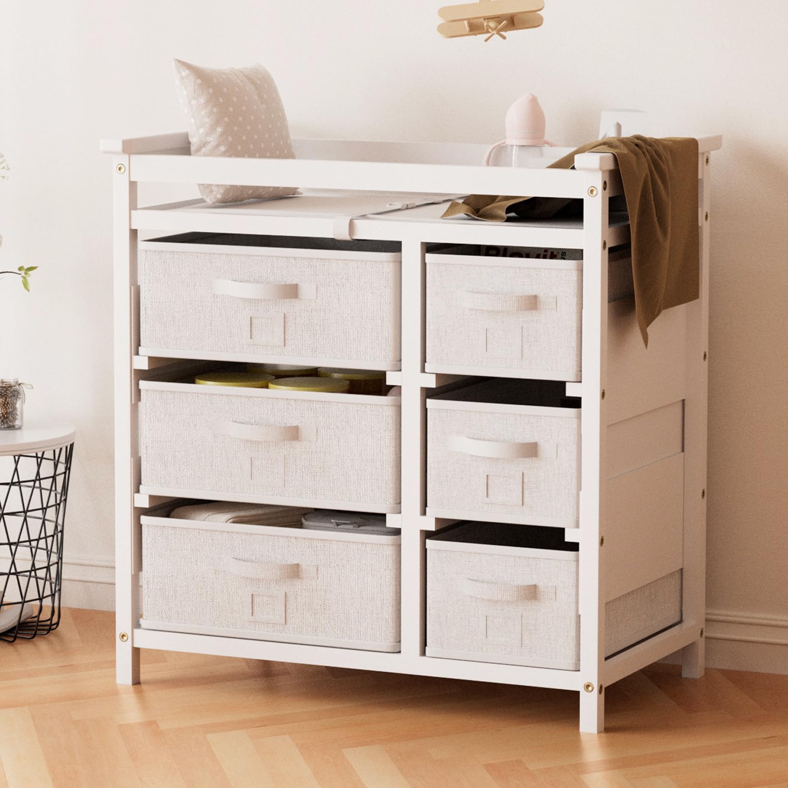 YUFU Baby Changing Table with 6 Storage Drawers, Safety Rails & Strap - White Nursery Dresser for Diaper Changing Station | Perfect for Baby Rooms, Daycare Centers & Nursery Organization