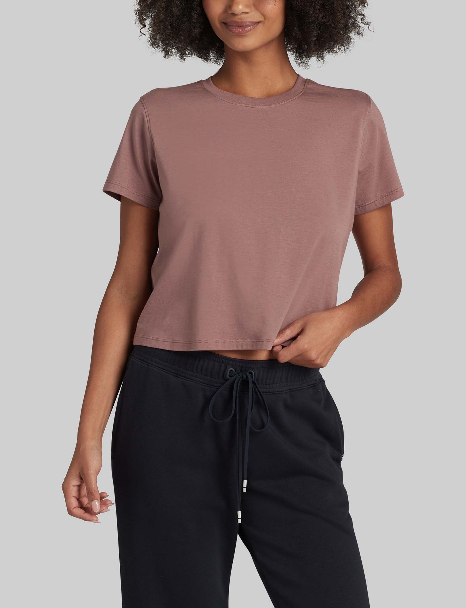 Women's Second Skin Not Too Cropped Crew Neck Tee - Soft Stretch Comfort Fit Basic T-Shirt for Casual Wear & Layering