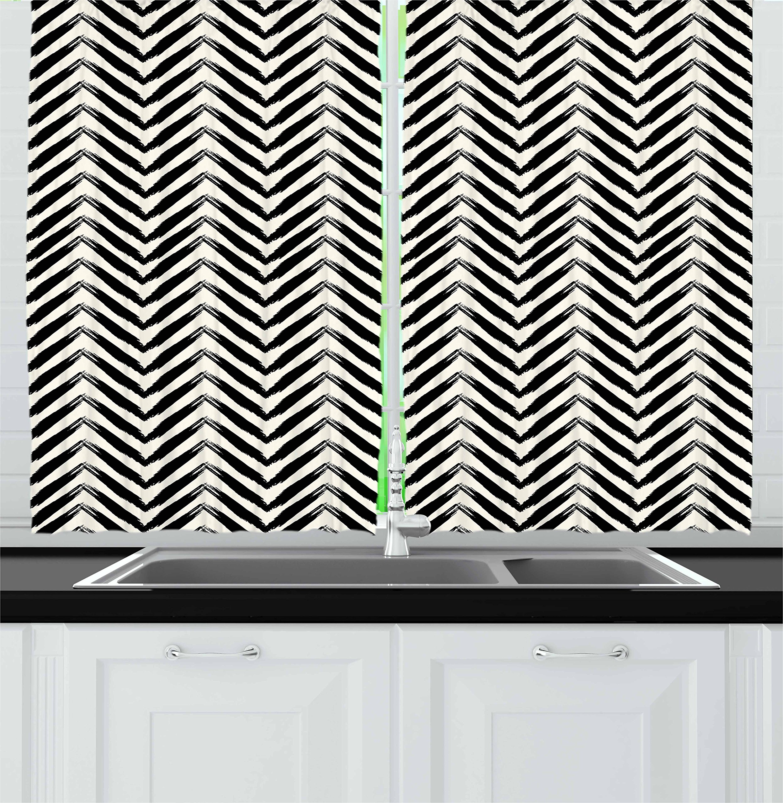 Lunarable Ethnic Kitchen Curtains - Black & Cream Arrow Print Window Drapes with Brush Stroke Design | 2-Panel Set (55