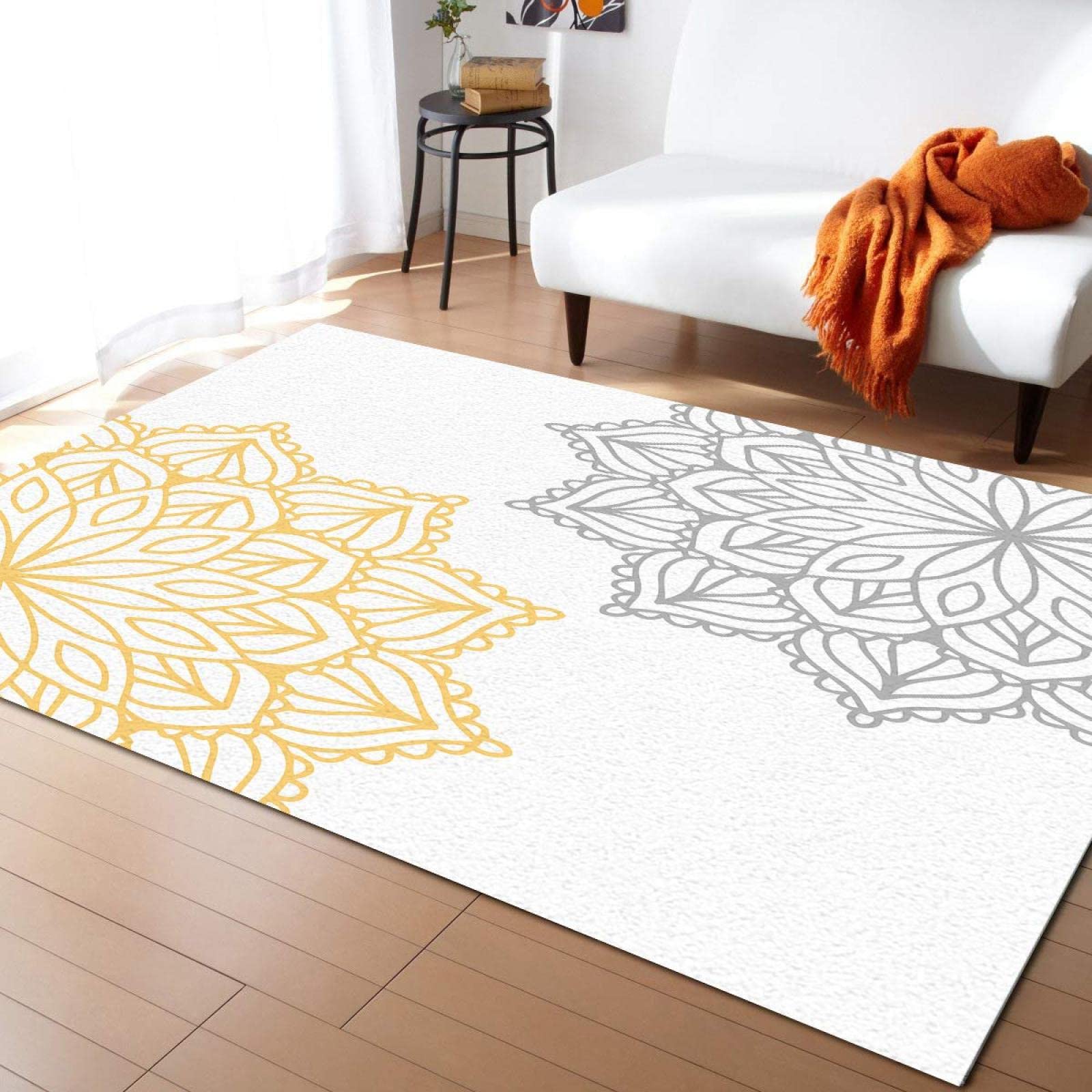 Abstract Dahlia Pinnata Flower Area Rug - Soft Washable Yellow Grey Carpet for Nursery, Bedroom & Living Room - 5' x 7' Kids Room Decor Rug - Perfect for Boys & Girls Bedrooms, Playrooms and Cozy Home Decor