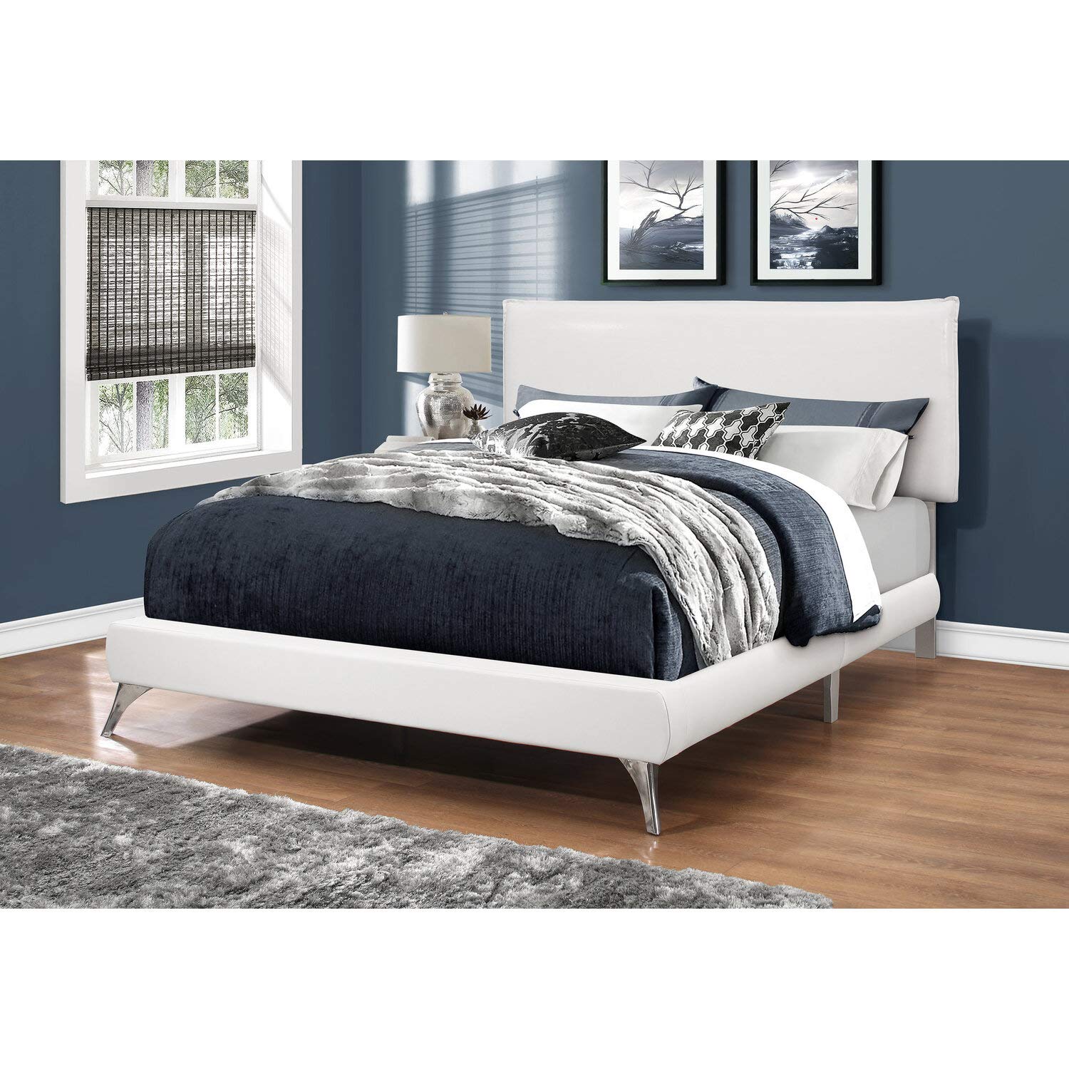 Monarch Specialties Queen Size White Leather-Look Bed Frame with Brown Wood Legs - Perfect for Modern Bedroom & Guest Room Decor