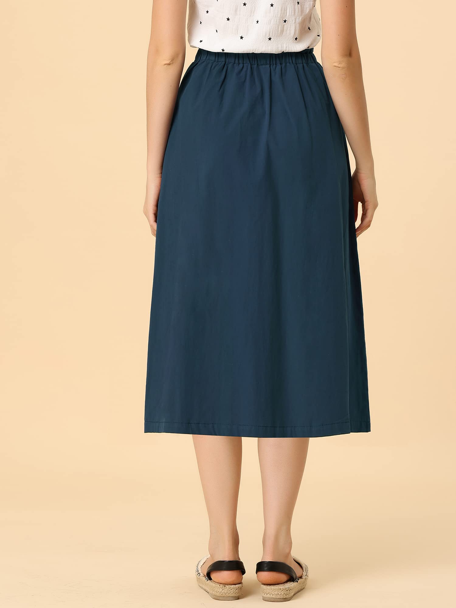 Allegra K Women's Casual Cotton Skirt - Elastic Waist A-Line Midi Skirt with Pockets | Summer Boho Peasant Skirt for Beach, Travel & Everyday Wear