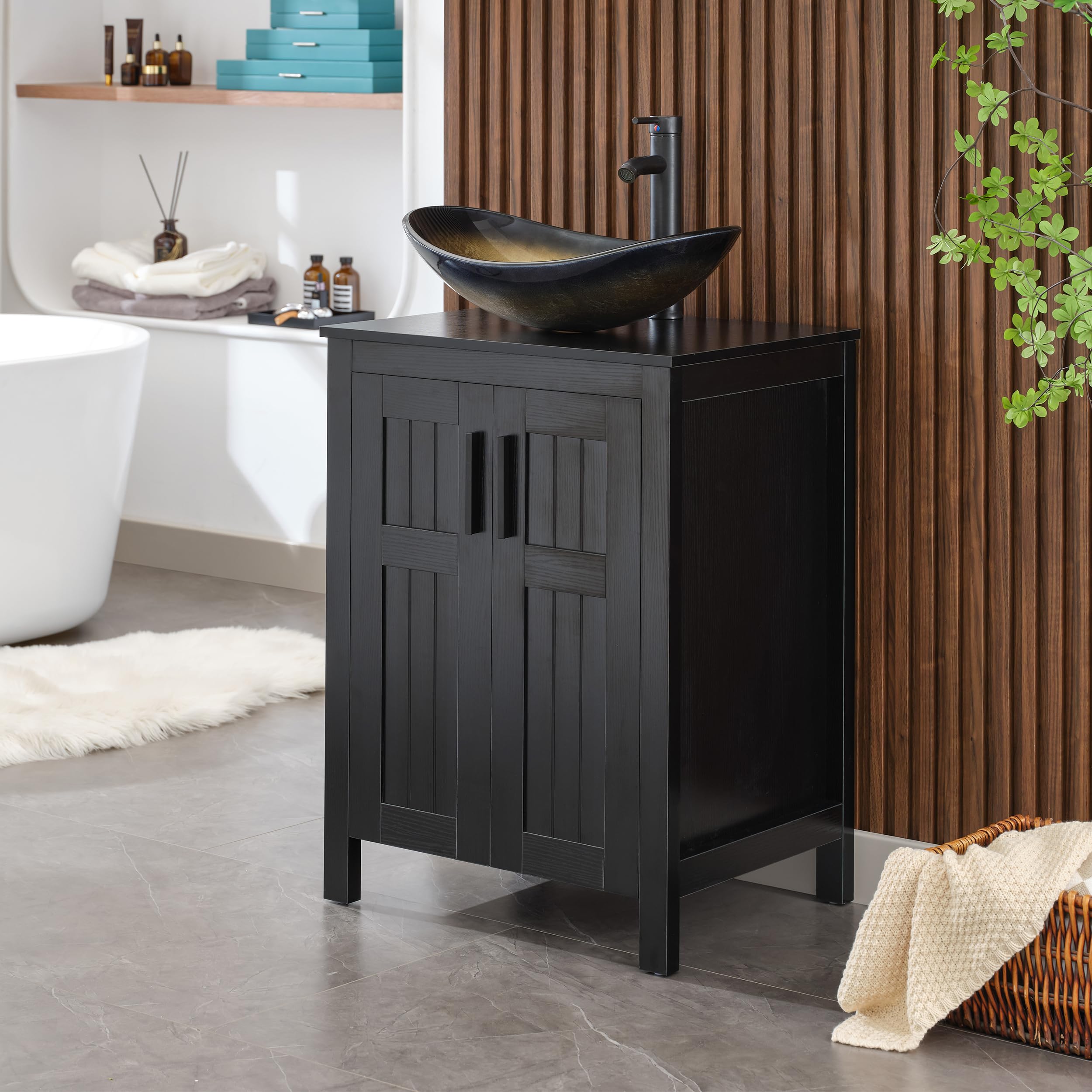 24 Inch Black Freestanding Bathroom Vanity with Champagne Boat Tempered Glass Vessel Sink - Modern Double Door Sink Cabinet with Grooved Design & Metal Handles | Perfect for Small Bathrooms, Powder Rooms & Contemporary Home Decor