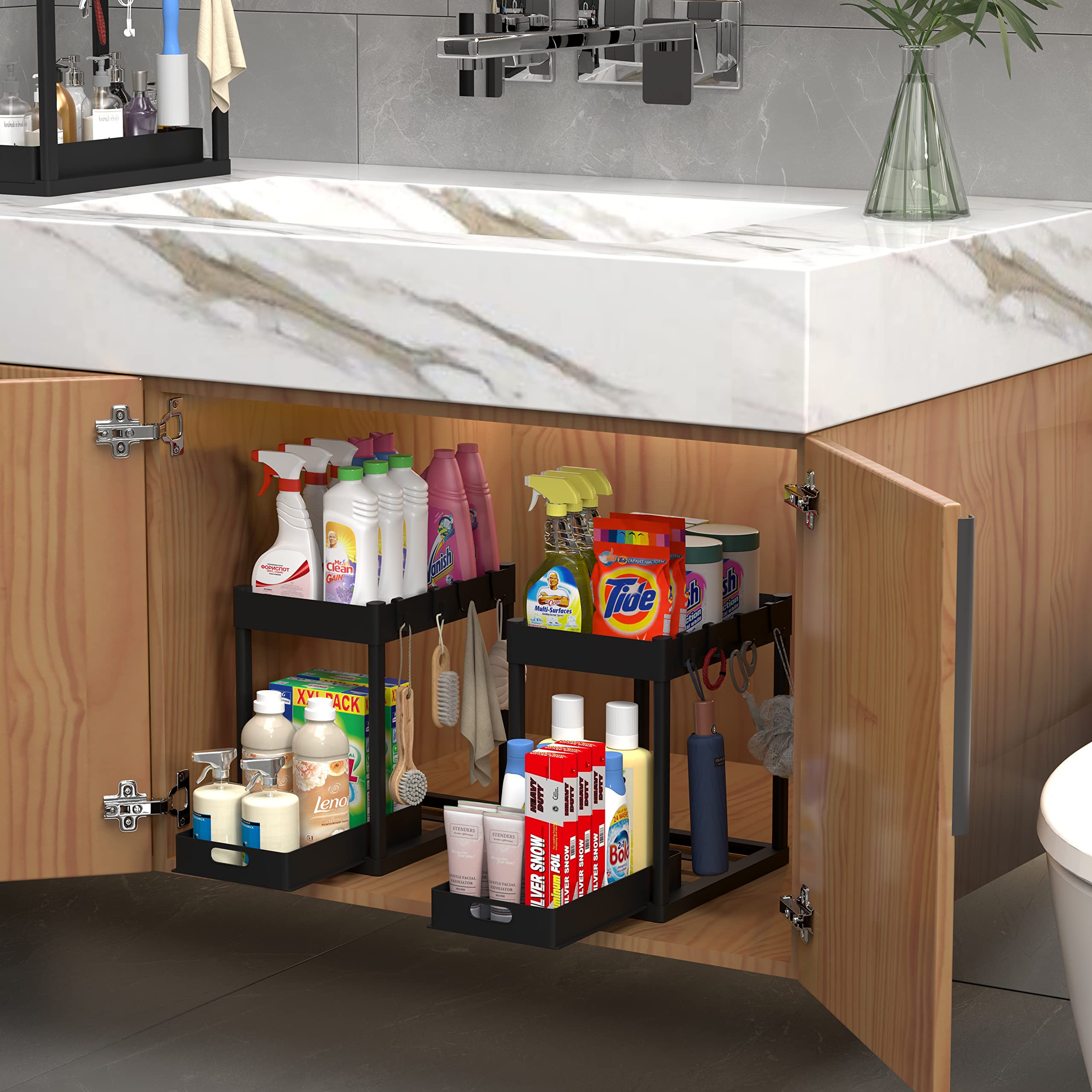 2-Tier Under Sink Organizer with Sliding Drawers & Pull-Out Baskets - Space Saving Kitchen & Bathroom Storage Shelf with Hooks - Perfect for Small Cabinets, Countertops & Vanities (Black, 2-Pack)