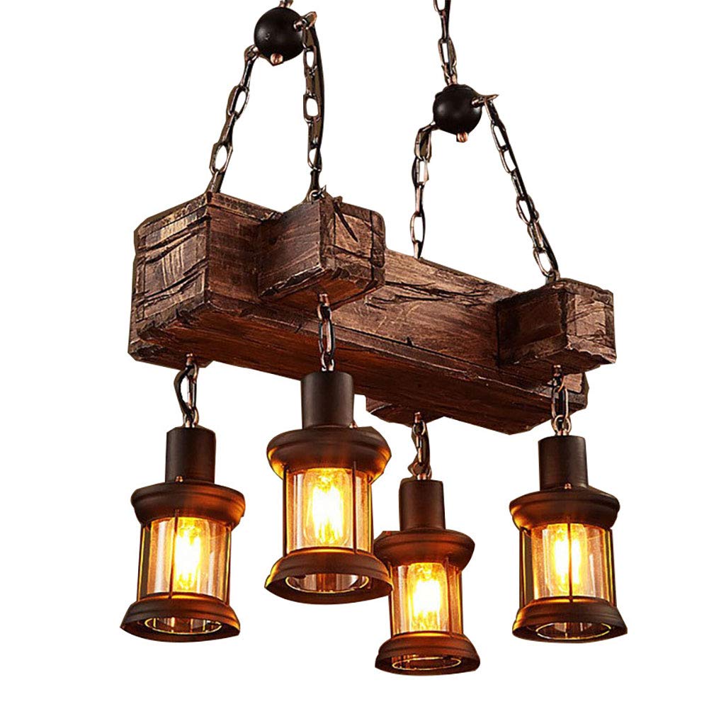 Vintage Industrial Wooden Chandelier - 4-Light Farmhouse Pendant Light with Adjustable Chain for Kitchen Island, Dining Room, Cafe & Restaurant | Rustic Ceiling Fixture | BTDH Home Decor Lighting