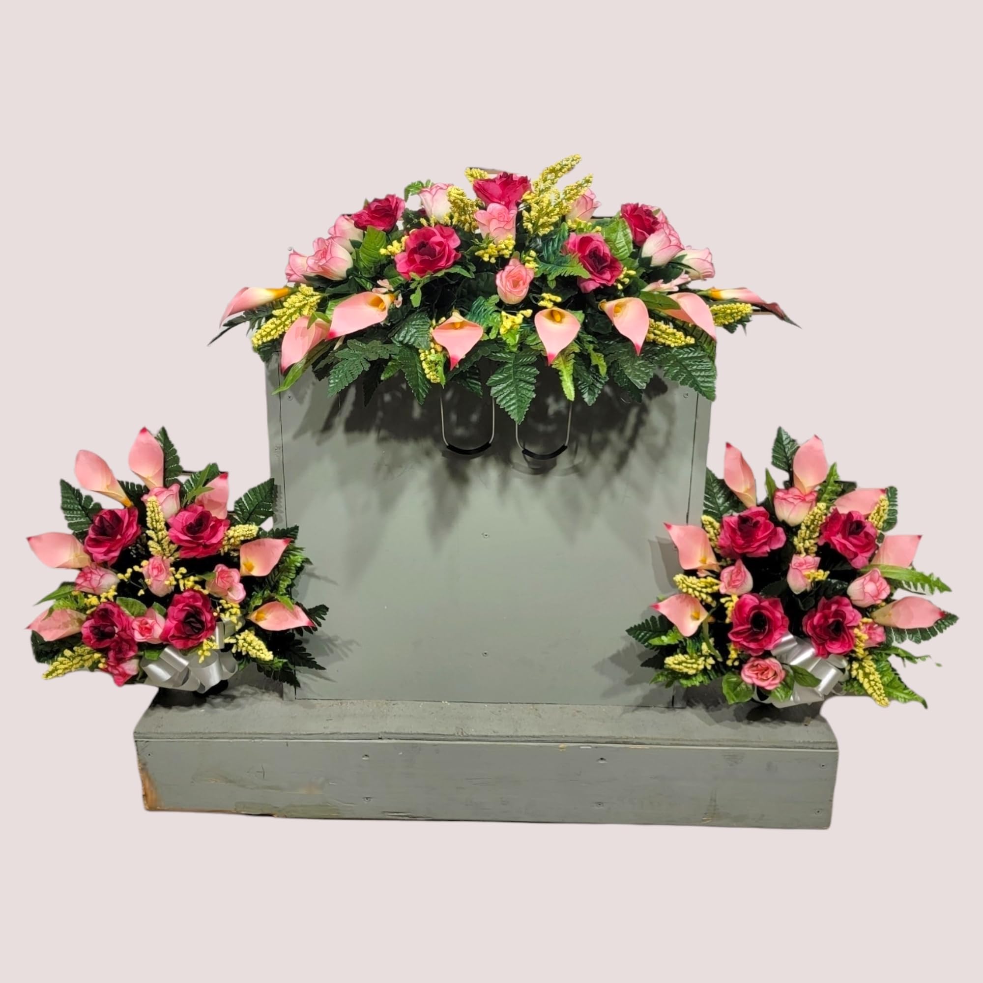 Realistic Artificial Cemetery Flowers - Silk Faux Pink Roses & Calla Lilies Grave Decor - Memorial Headstone Saddle Bouquet Pair - 3-Piece Set for Graves, Tombs & Memorial Sites - Perfect for Graveside Decorations, Funeral Tributes & Cemetery Visits