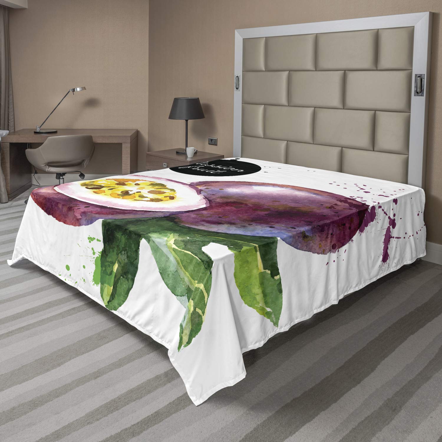 Ambesonne Watercolor Passion Fruit Flat Sheet - Hand Drawn Tropical Foliage Design in Purple, Green & Black | Soft California King Top Sheet for Bedroom Decor | Perfect for Guest Rooms, Vacation Homes & Bohemian Style Bedding