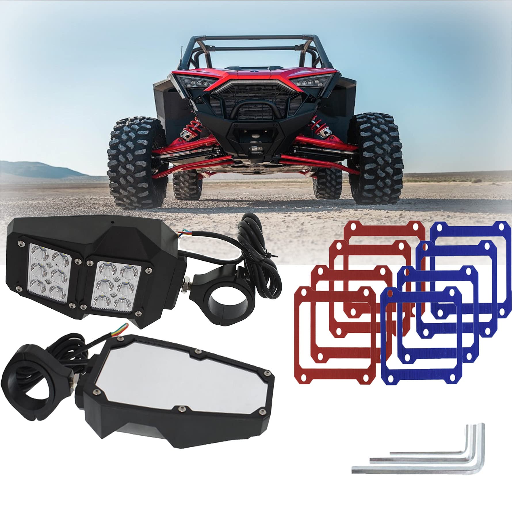 Polaris RZR UTV 1.75-2 Roll Cage Replacement Rear View Side Mirrors with LED Lights - Enhanced Visibility for Off-Road Adventures & Night Driving